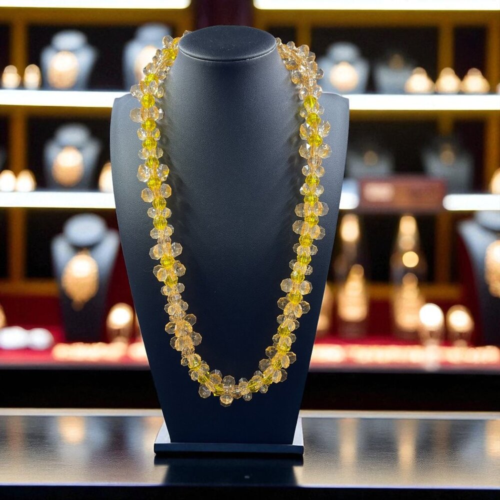 Vintage Yellow Faceted Plastic Bead Necklace‎ Chunky Statement Festival Jewelry